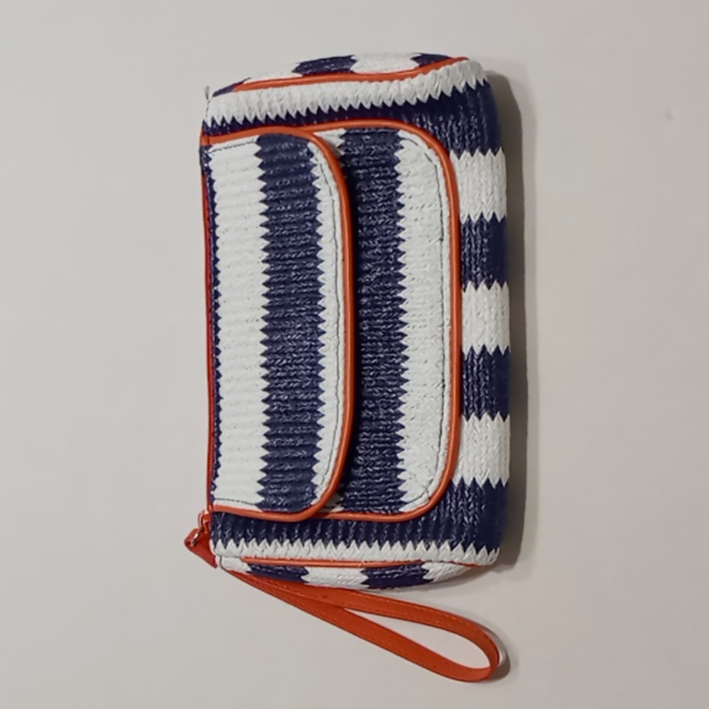 NWOT Vera Bradley Blue/White Striped Straw Wristlet With Orange Trim